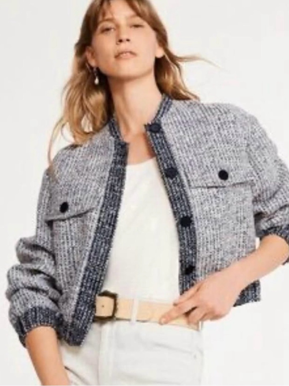 Joie Cropped Bouclé Blazer in Blue and Gray